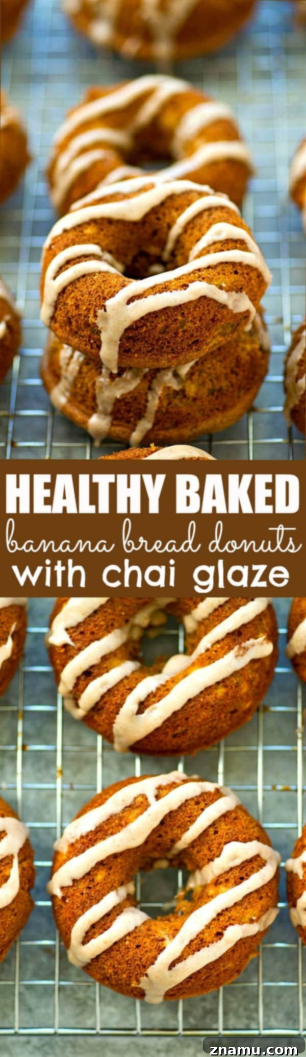 Several healthy baked banana bread donuts arranged on a cooling rack, some already glazed.