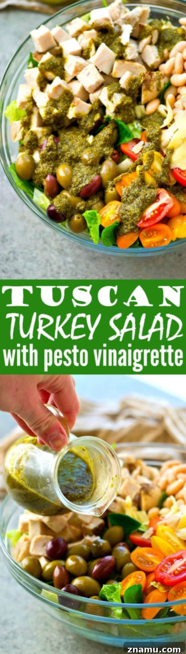 A Taste of Tuscany: Turkey & Pesto Salad 7 The final artful presentation of the Tuscan turkey salad with pesto vinaigrette, showcasing its fresh appeal and delicious promise.