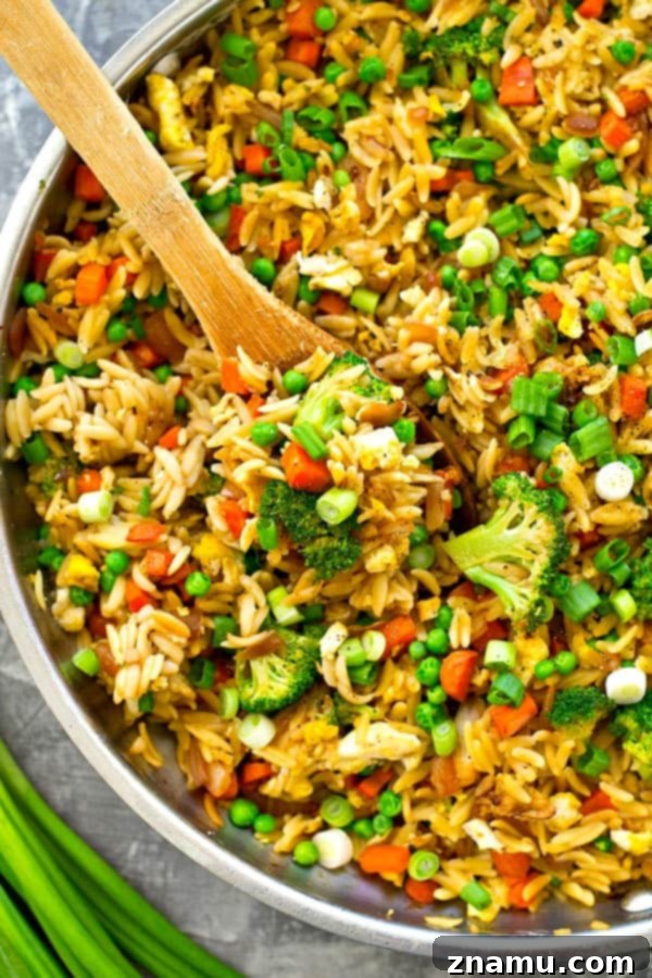 Vibrant Veggie Orzo Skillet 2 A healthier vegetarian fried orzo skillet with a rainbow of fresh vegetables, ready in 30 minutes.