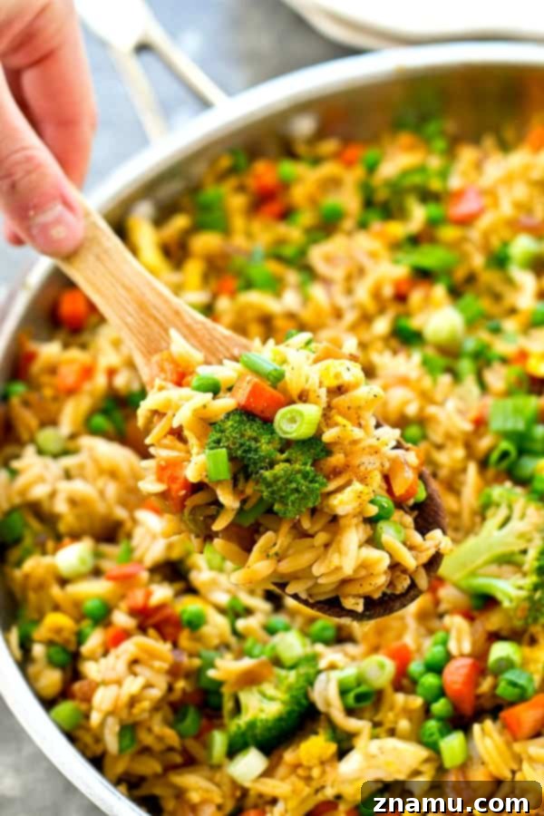 Vibrant Veggie Orzo Skillet 6 Close-up of a serving of Rainbow Vegetarian Fried Orzo Skillet, showing the pasta and vegetables.