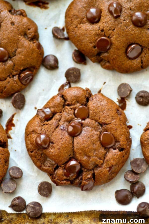 Guilt-Free Double Chocolate Coconut Delights 3 A close-up of a stack of freshly baked, butter-free double chocolate chip cookies, showcasing their soft texture