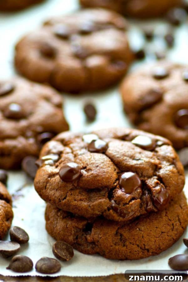 Guilt-Free Double Chocolate Coconut Delights 6 A close-up shot of a warm, freshly baked double chocolate cookie, with melted chocolate chips visible