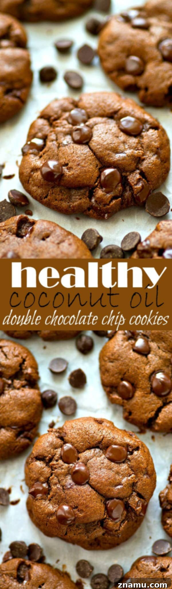 Guilt-Free Double Chocolate Coconut Delights 7 A beautifully composed shot of several double chocolate chip cookies on a wooden surface, ready to be enjoyed