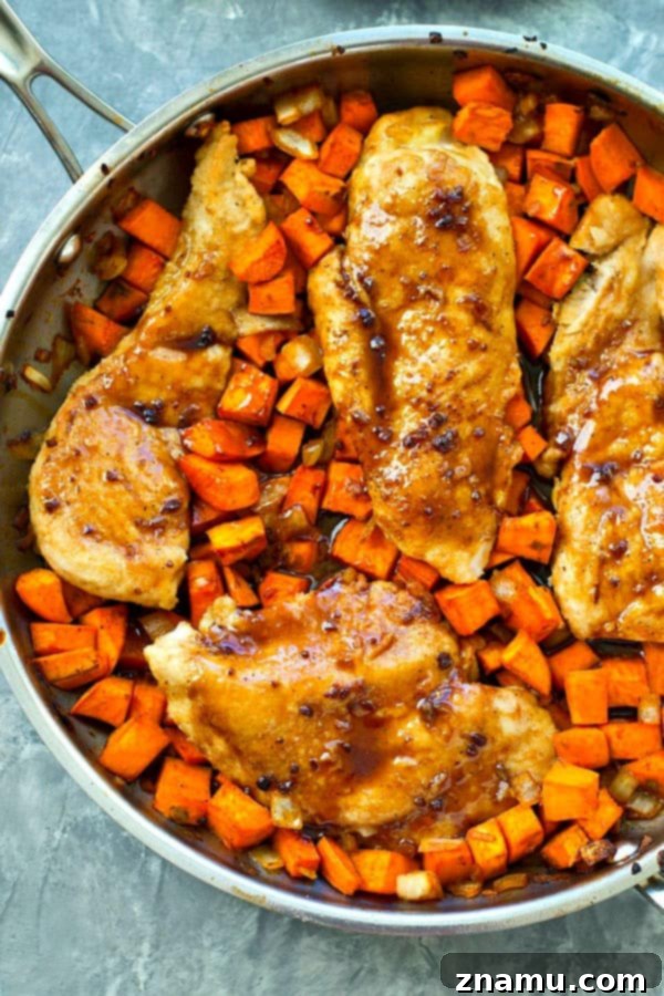 Sticky Maple Chicken & Sweet Potato Hash 2 Delicious Skillet Maple Glazed Chicken with Sweet Potato Hash, a perfect one-pan dinner.