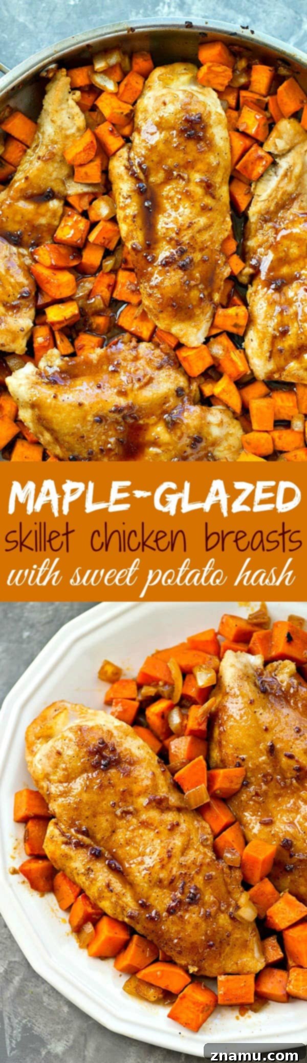 Sticky Maple Chicken & Sweet Potato Hash 7 A full view of the Maple Glazed Skillet Chicken and Sweet Potato Hash, garnished and ready to eat.