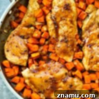 Sticky Maple Chicken & Sweet Potato Hash 8 Maple Glazed Skillet Chicken Breasts with Sweet Potato Hash, a delightful one-pan meal.