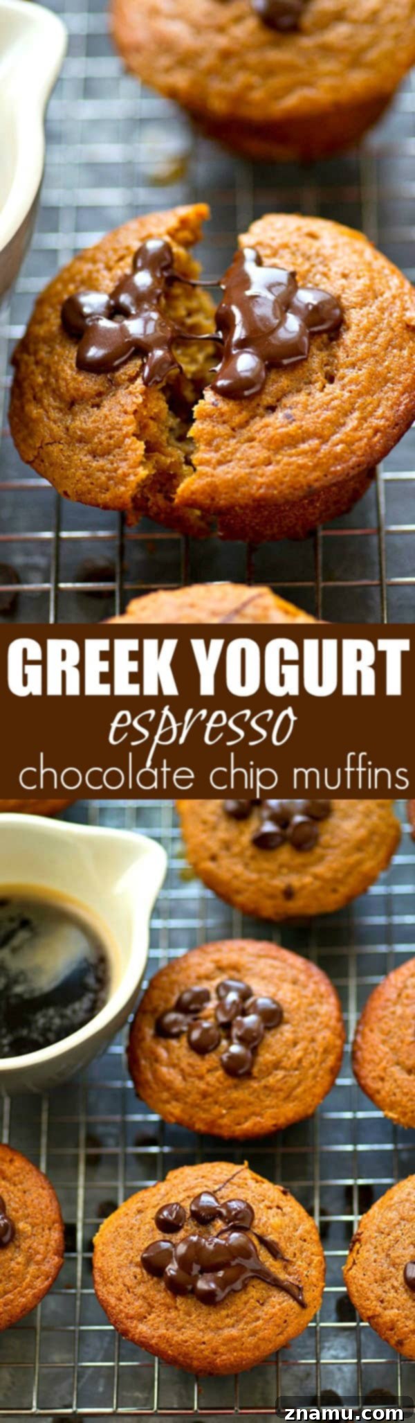 Stack of Greek Yogurt Espresso Chocolate Chip Muffins ready to be served