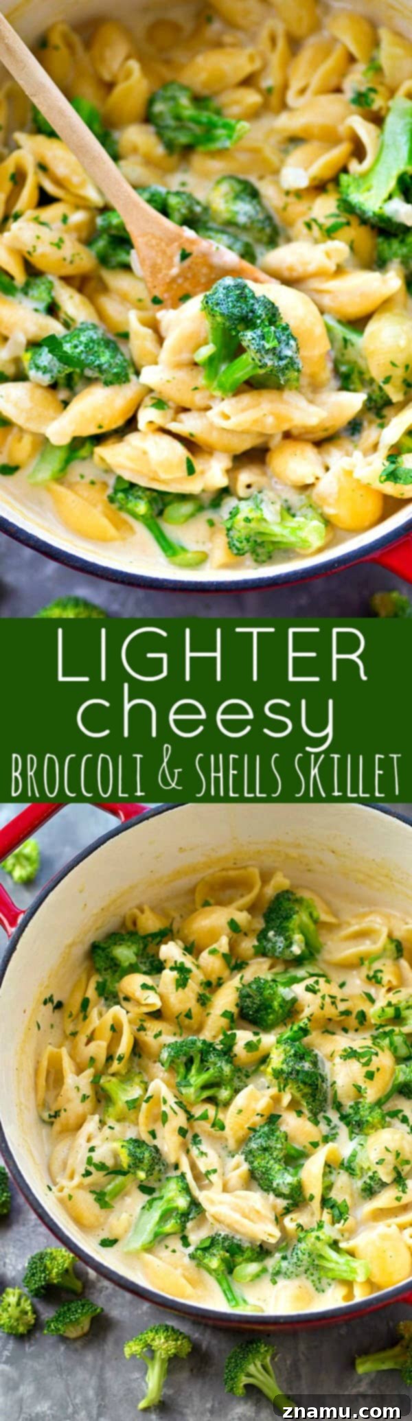 One-Pan Cheesy Broccoli Pasta 7 Lighter Cheesy Broccoli and Shells Skillet Recipe Card with Ingredients and Instructions