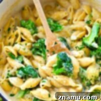 One-Pan Cheesy Broccoli Pasta 8 This lightened-up cheesy broccoli and shells skillet cooks up in one pot in less than 30 minutes and is only 350 calories per serving! The ultimately easy weeknight comfort food.