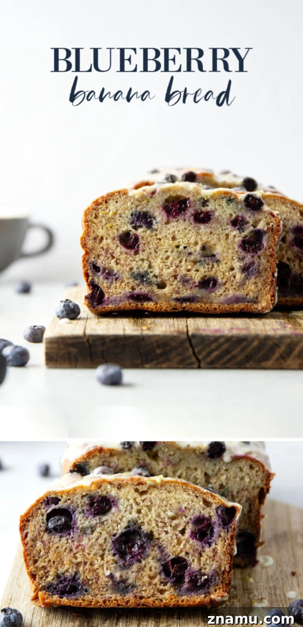Sunshine Blueberry Banana Bread with Zesty Citrus Glaze 7 Overhead shot of blueberry banana bread loaf with glaze