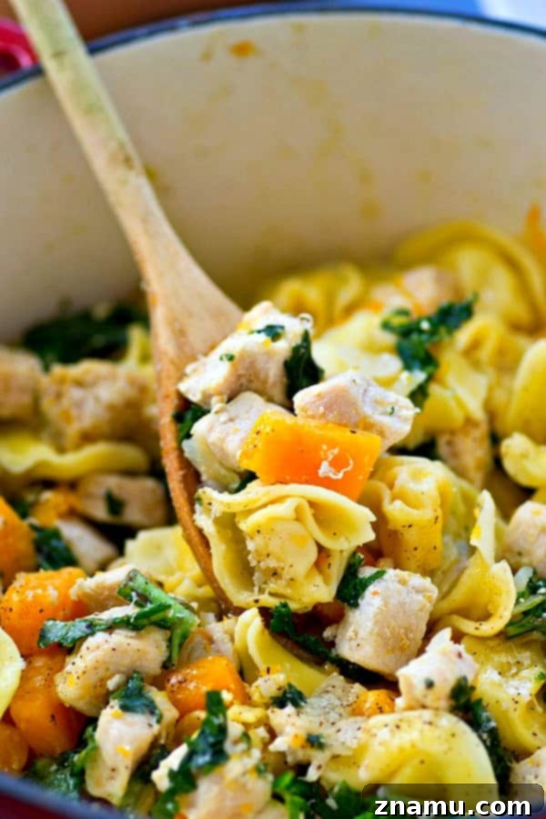 Cozy Chicken Tortellini Skillet with Butternut Squash and Kale 5 Skillet Chicken Tortellini with Butternut Squash and Kale garnished with fresh Parmesan cheese
