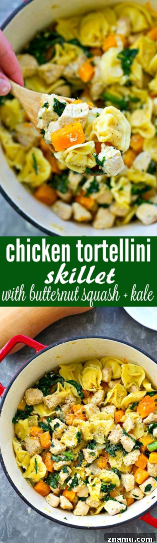 Cozy Chicken Tortellini Skillet with Butternut Squash and Kale 7 The finished Skillet Chicken Tortellini with Butternut Squash and Kale, served directly from the pan