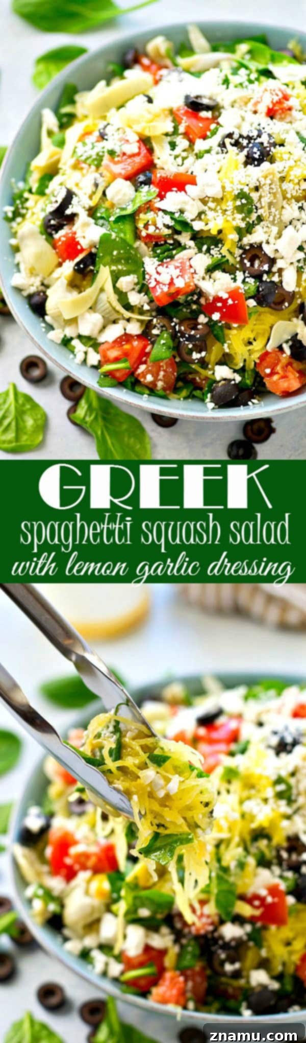Greek salad gets a fun makeover with the addition of spaghetti squash and an incredible lemon-y garlic vinaigrette. This easy spaghetti squash salad is practically a meal in itself!