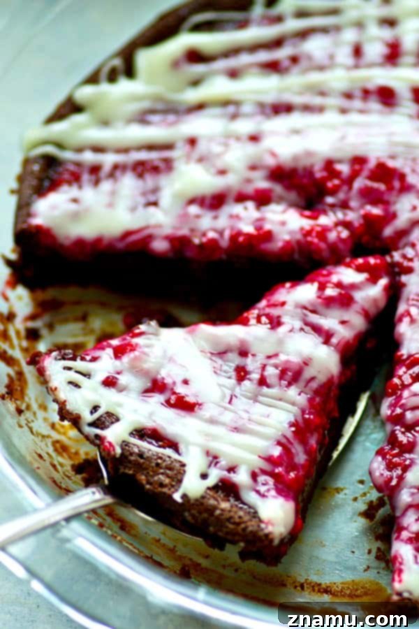 Decadent Flourless Mocha Raspberry White Chocolate Pie 3 A close-up view of a perfectly sliced flourless mocha chocolate raspberry pie, revealing its rich chocolate base, bright raspberry filling, and delicate white chocolate drizzle