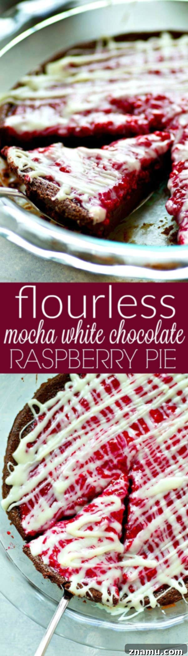 Decadent Flourless Mocha Raspberry White Chocolate Pie 7 A generously sized, decadent slice of flourless mocha chocolate raspberry pie, showcasing its rich, layered textures, ready to be savored