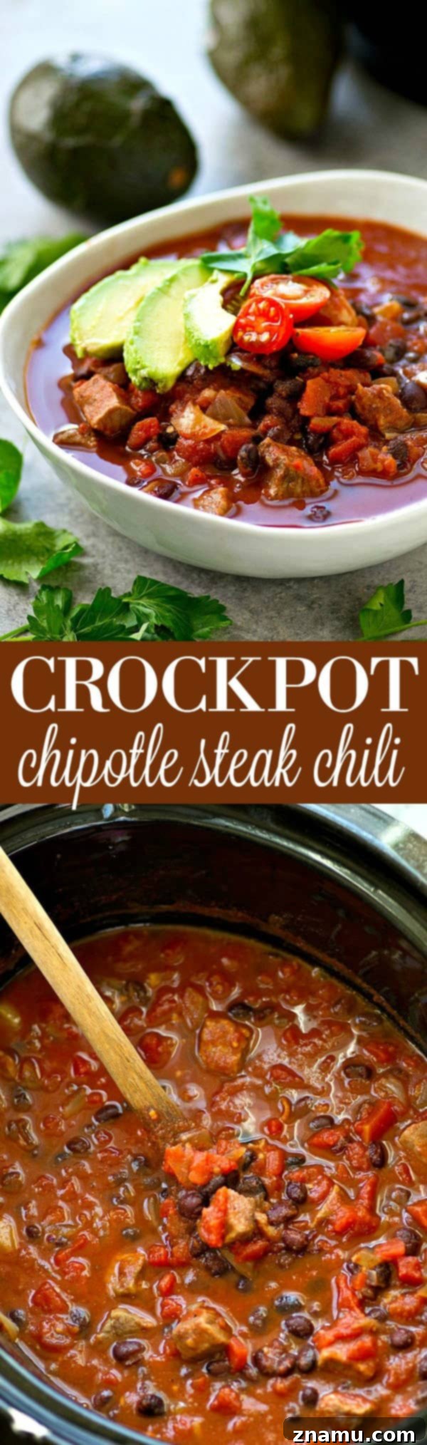 Slow-Cooked Smoky Chipotle Steak Chili 7 Let your crockpot make your game-day chili for you! This flavorful steak chili is unbelievably cozy and the beef is fall-apart tender.---Only 10 minutes prep time, then your crockpot does all the work!