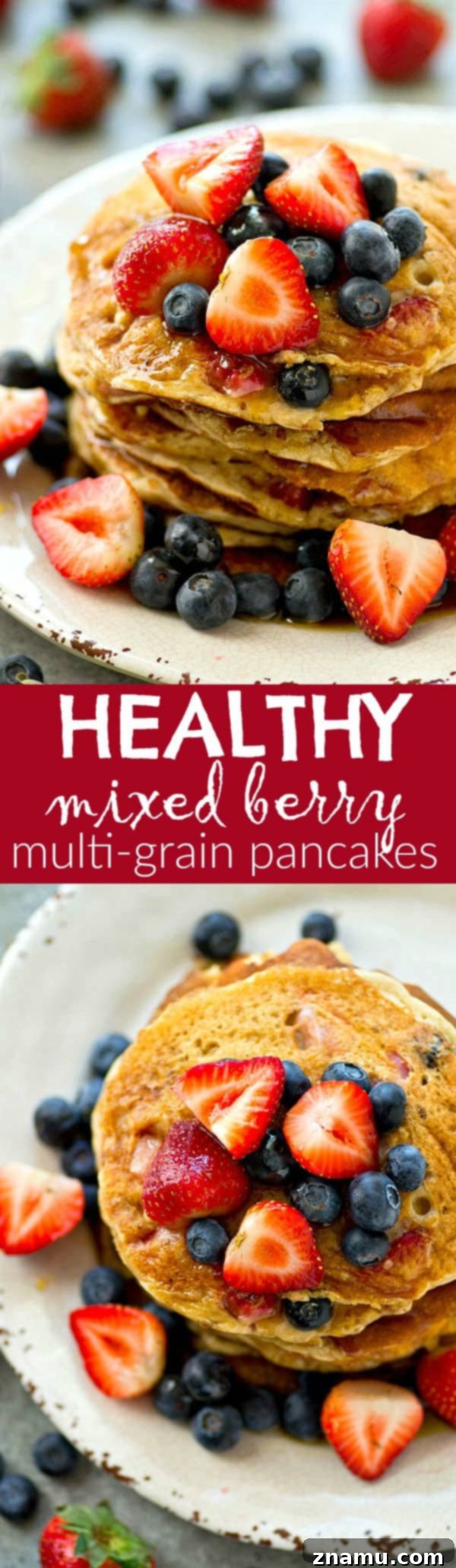 Hearty Berry Multi-Grain Pancakes 7 A generous stack of healthy multi-grain berry pancakes drenched in maple syrup, ready to eat