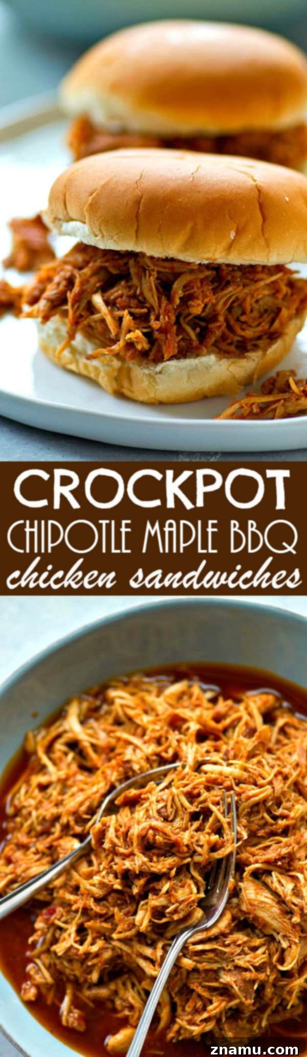 Sweet and Smoky Crockpot Chipotle Maple BBQ Chicken Sandwiches 6 A generously filled crockpot BBQ chicken sandwich, with shredded chicken, sauce, and a topping, on a rustic cutting board.