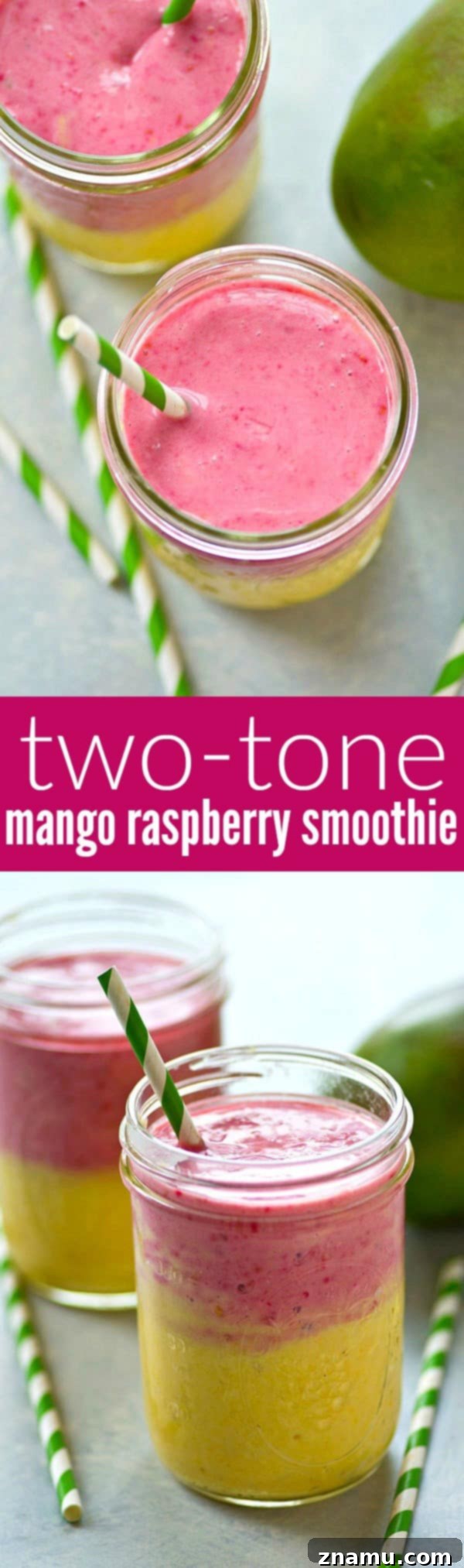 Sunrise Sunset Mango Raspberry Smoothie 6 Another close-up of the perfectly layered mango raspberry smoothie, emphasizing its appealing texture.
