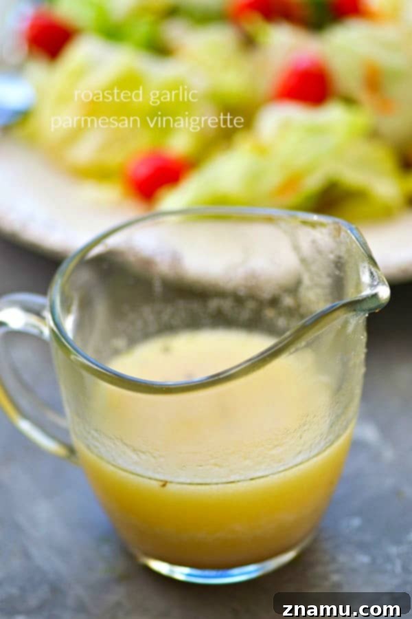 Six Vinaigrettes From One Simple Base 6 Rich roasted garlic parmesan vinaigrette, a homemade dressing that adds savory depth to any salad, perfect for garlic and cheese lovers.