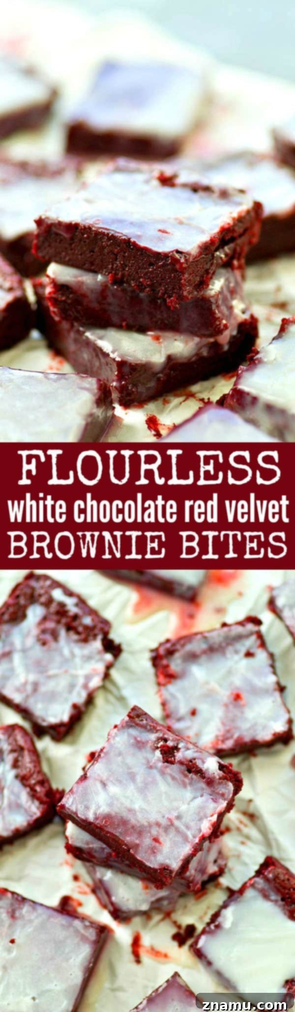 A large batch of White Chocolate Red Velvet Brownie Bites with drizzled topping
