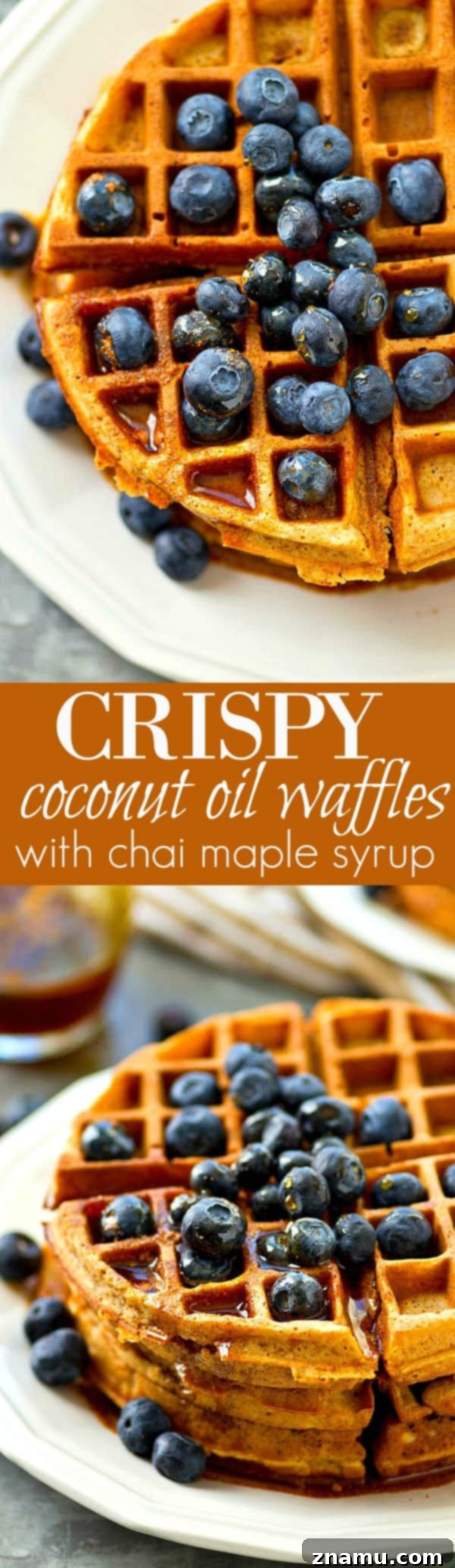 Golden Coconut Waffles with Spiced Maple Chai 7 A close-up of a stack of coconut oil waffles with chai maple syrup.