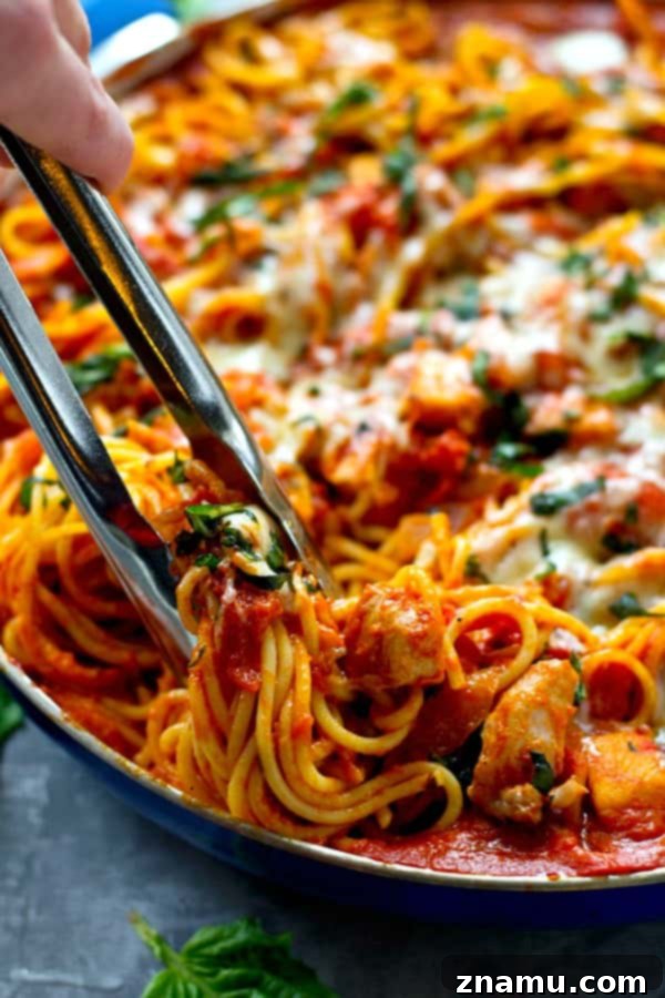 One-Pan Creamy Chicken Tomato Basil Spaghetti 6 Adding half-and-half cream to the simmering tomato basil sauce