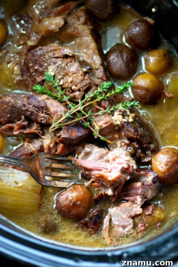 Rustic Wine-Braised Beef with Fingerling Potatoes 5 Red wine and beef broth being poured over ingredients in a slow cooker