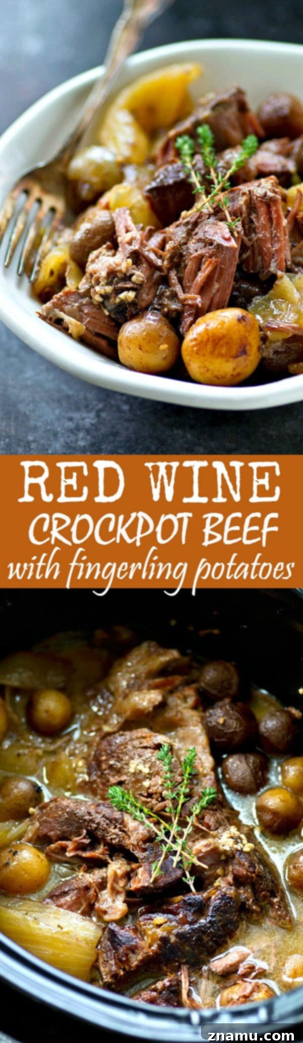 Rustic Wine-Braised Beef with Fingerling Potatoes 7 A serving of red wine crockpot beef with fingerling potatoes and fresh parsley garnish