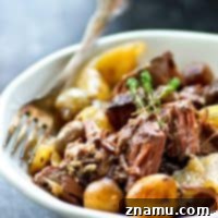 Rustic Wine-Braised Beef with Fingerling Potatoes 8 The most tender crockpot beef EVER! This easy beef dinner is unbelievably flavorful thanks to the red wine and lots of tender little fingerling potatoes make it an entire hands-off meal!