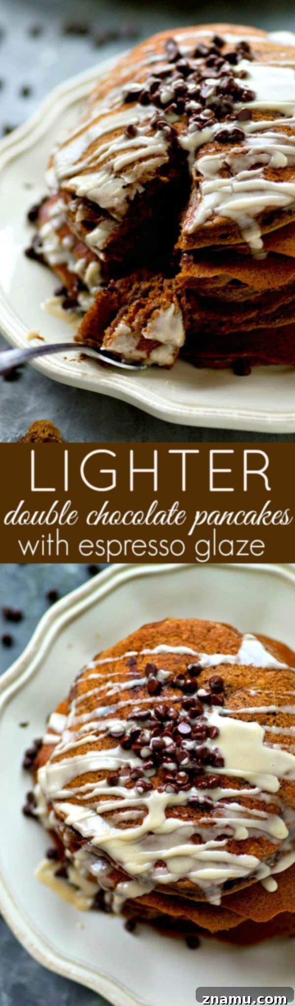 Lighter Double Chocolate Pancakes Espresso Glazed 7 Artfully arranged stack of double chocolate pancakes with glaze and a side of espresso.