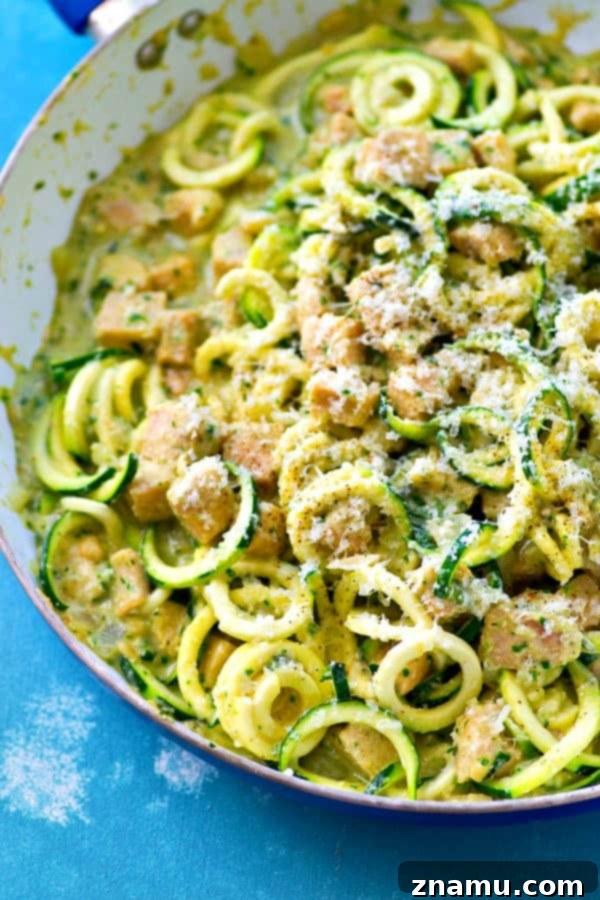 Creamy One-Pot Pesto Chicken Zoodles Alfredo 5 Overhead shot of the one-pot pesto chicken alfredo zucchini noodles cooking
