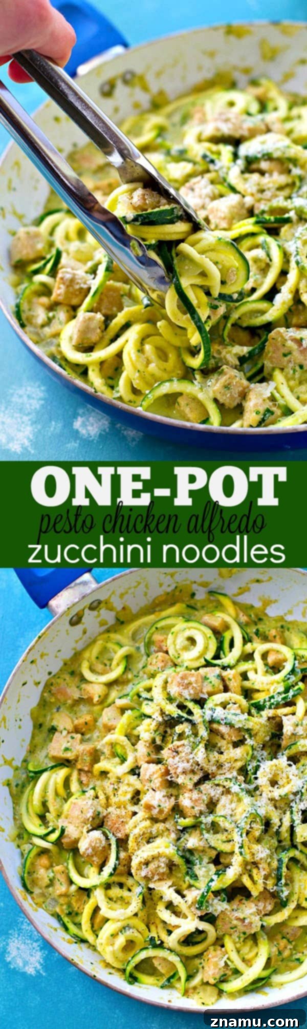 Creamy One-Pot Pesto Chicken Zoodles Alfredo 7 Final plated dish of Pesto Chicken Alfredo Zucchini Noodles