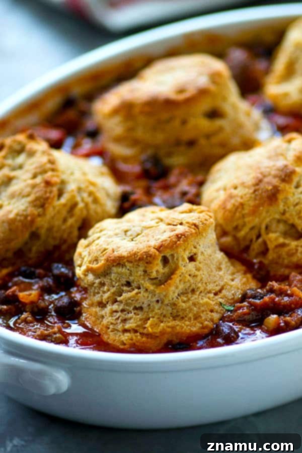 Hearty Turkey Chili Casserole with Cheesy Biscuits 3 Healthier turkey chili in chili casserole form with irresistible flaky cheddar biscuits on top. This easy weeknight dinner is ready in only 30 minutes and your soon-to-be most favorite way to eat chili!