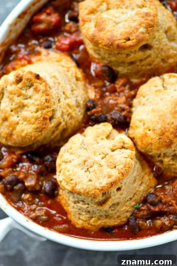 Hearty Turkey Chili Casserole with Cheesy Biscuits 4 Healthier turkey chili in chili casserole form with irresistible flaky cheddar biscuits on top. This easy weeknight dinner is ready in only 30 minutes and your soon-to-be most favorite way to eat chili!