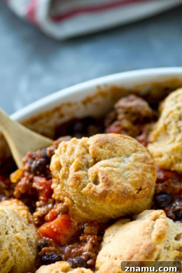 Hearty Turkey Chili Casserole with Cheesy Biscuits 5 Healthier turkey chili in chili casserole form with irresistible flaky cheddar biscuits on top. This easy weeknight dinner is ready in only 30 minutes and your soon-to-be most favorite way to eat chili!