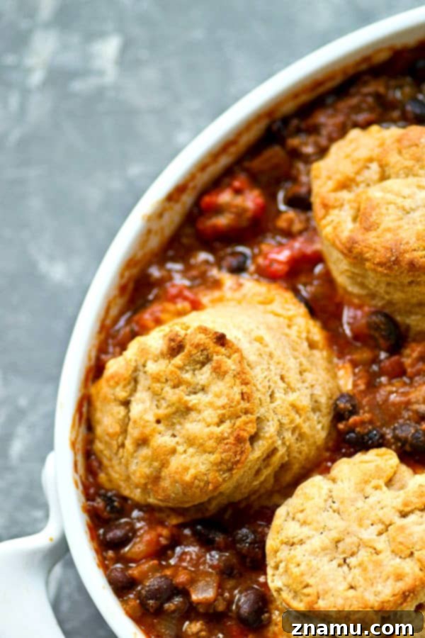 Hearty Turkey Chili Casserole with Cheesy Biscuits 6 Healthier turkey chili in chili casserole form with irresistible flaky cheddar biscuits on top. This easy weeknight dinner is ready in only 30 minutes and your soon-to-be most favorite way to eat chili!