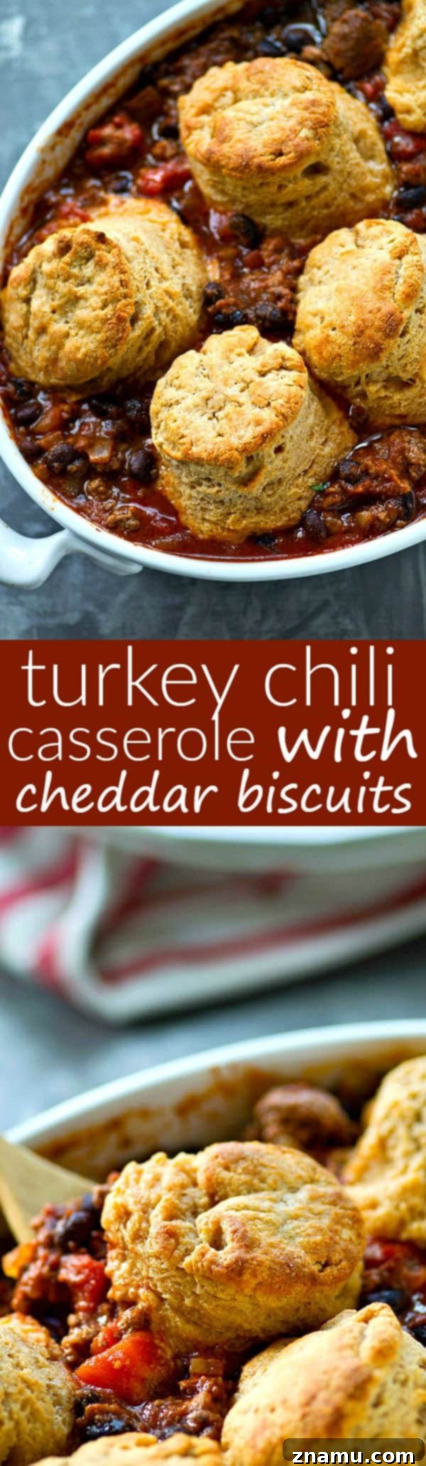 Hearty Turkey Chili Casserole with Cheesy Biscuits 7 Healthier turkey chili in chili casserole form with irresistible flaky cheddar biscuits on top. This easy weeknight dinner is ready in only 30 minutes and your soon-to-be most favorite way to eat chili!