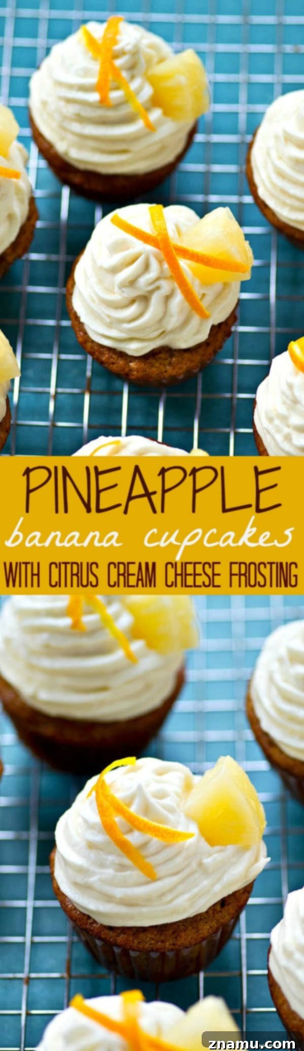 Pineapple Banana Paradise with Zesty Cream Cheese 7 Plate of beautifully frosted Pineapple Banana Cupcakes, a delightful spring treat.