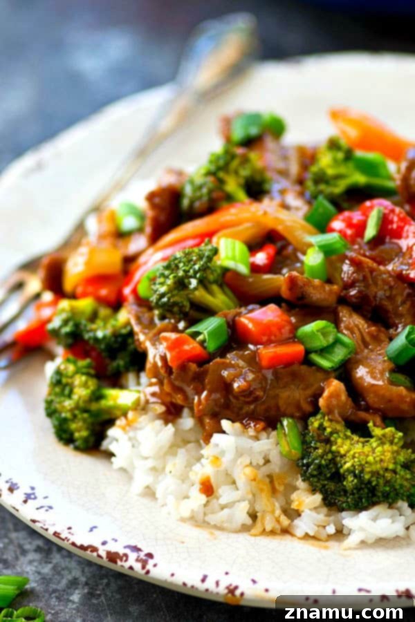Fast Skillet Mongolian Delight 5 Overhead shot of a rich Mongolian beef and vegetable stir-fry, perfectly cooked and ready to serve.