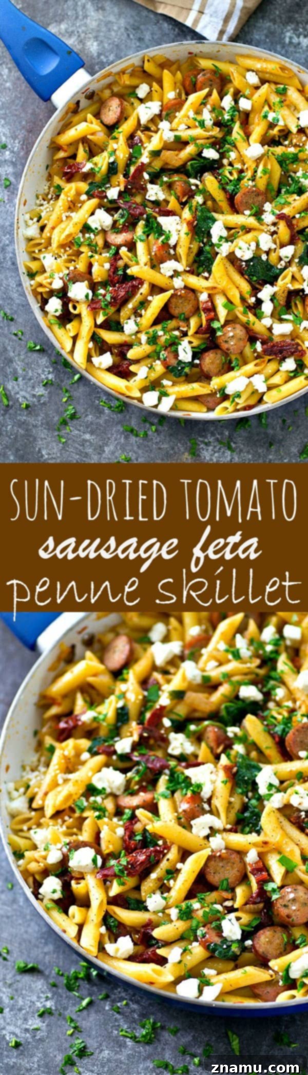 One-Pan Sun-Dried Tomato Sausage & Feta Penne 7 Family-style serving of Sun-Dried Tomato Penne Skillet directly from the skillet, ready to be dished out
