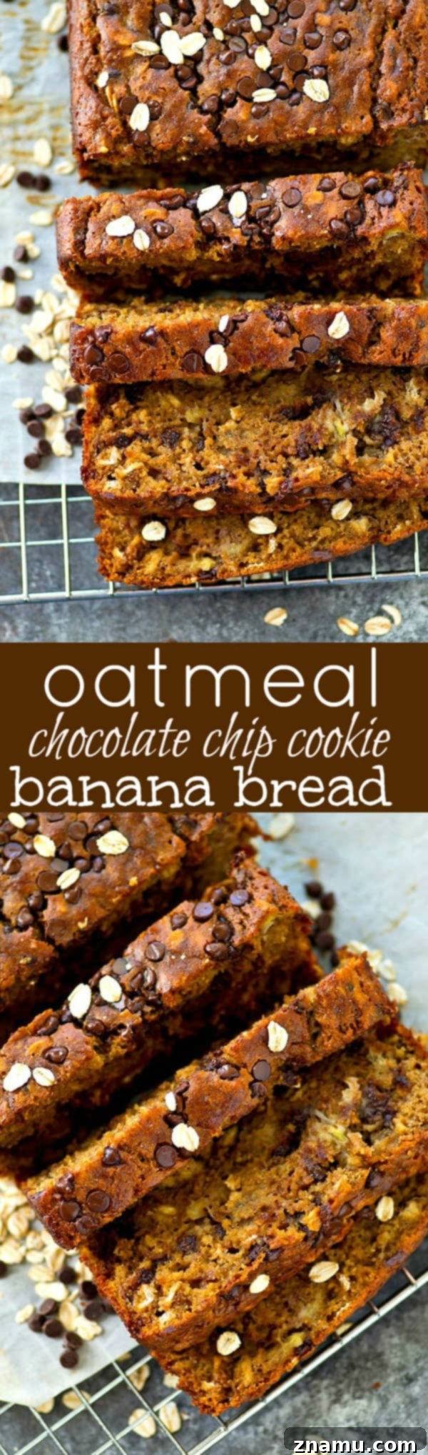Decadent Oatmeal Chocolate Chip Cookie Banana Bread 7 A freshly baked loaf of Oatmeal Chocolate Chip Banana Bread, cooling on a wire rack, enticingly delicious.