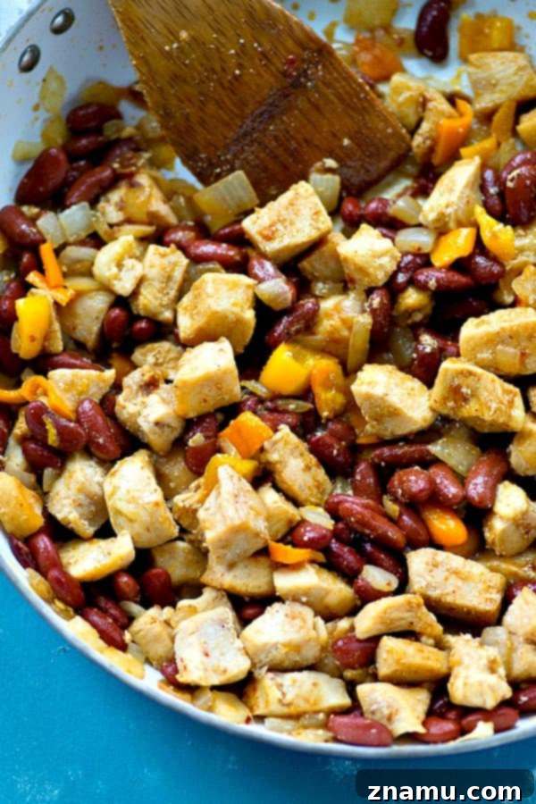 Southwest Chipotle Chicken Bowls 4 Overhead view of a prepared Chipotle Chicken & Beans Rice Salad Bowl ready to be served