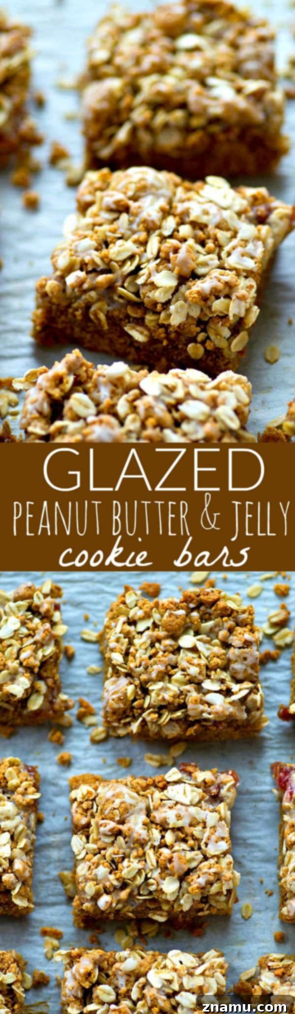 Close-up of a tray of glazed peanut butter and jelly cookie bars, showing their delicious layers.
