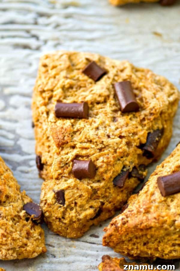 Close-up of golden-brown banana chocolate chunk scones, highlighting their moist interior and chocolate chunks.
