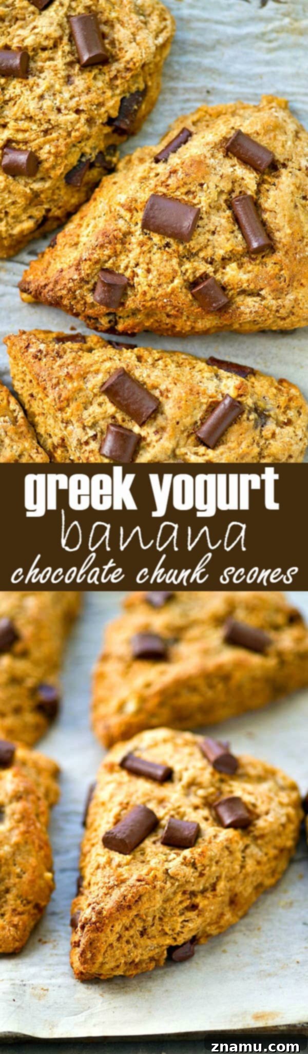 A final close-up of a banana chocolate chunk scone, cut in half to show its moist interior.
