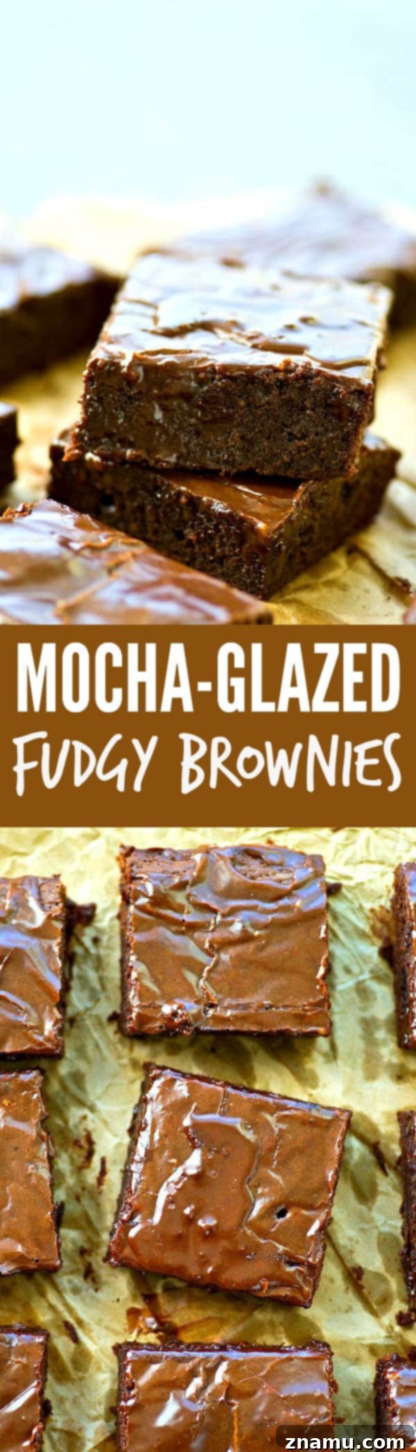 An entire pan of homemade mocha-glazed fudgy brownies, showing the finished product before slicing.