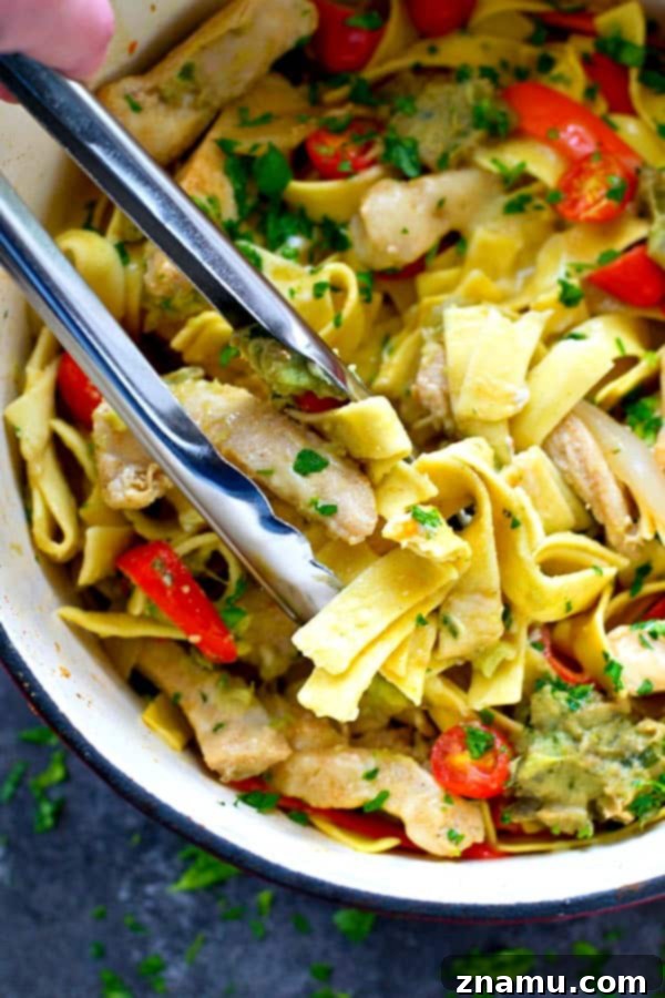 Speedy Skillet Chicken Fajita Fettuccine 5 Overhead view of a One-Pot Chicken Fajita Fettuccine Skillet, ready to serve.