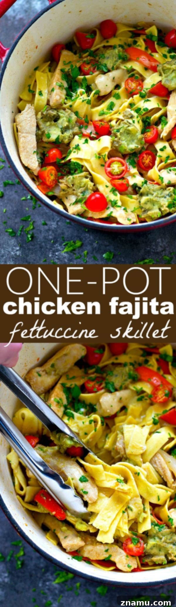 Speedy Skillet Chicken Fajita Fettuccine 6 Garnished One-Pot Chicken Fajita Fettuccine Skillet, presented beautifully.