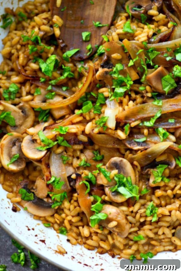 Ingredients for caramelized onion and mushroom risotto laid out